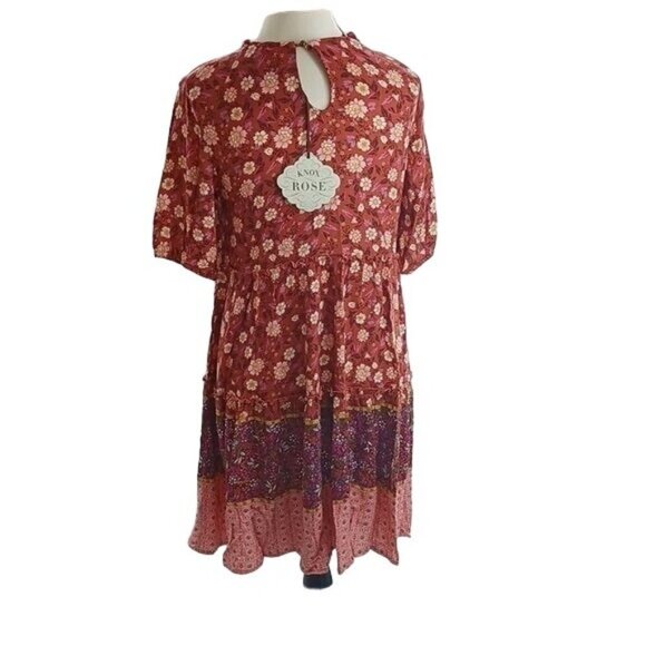 Knox Rose Womens Size XS Boho Floral Dress Red Purple Print Short Sleeve - Picture 5 of 7
